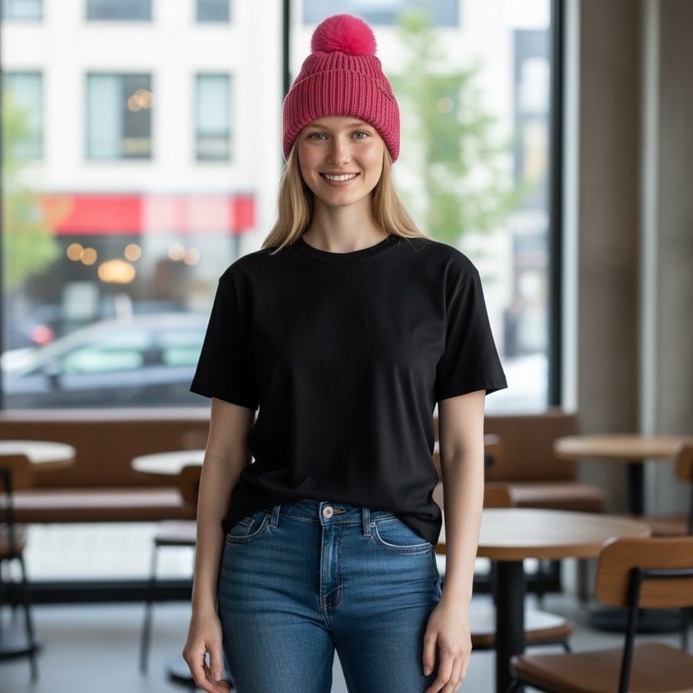 Steve Madden Pink Flash Pom Knit Beanie - Picture 3 of 5